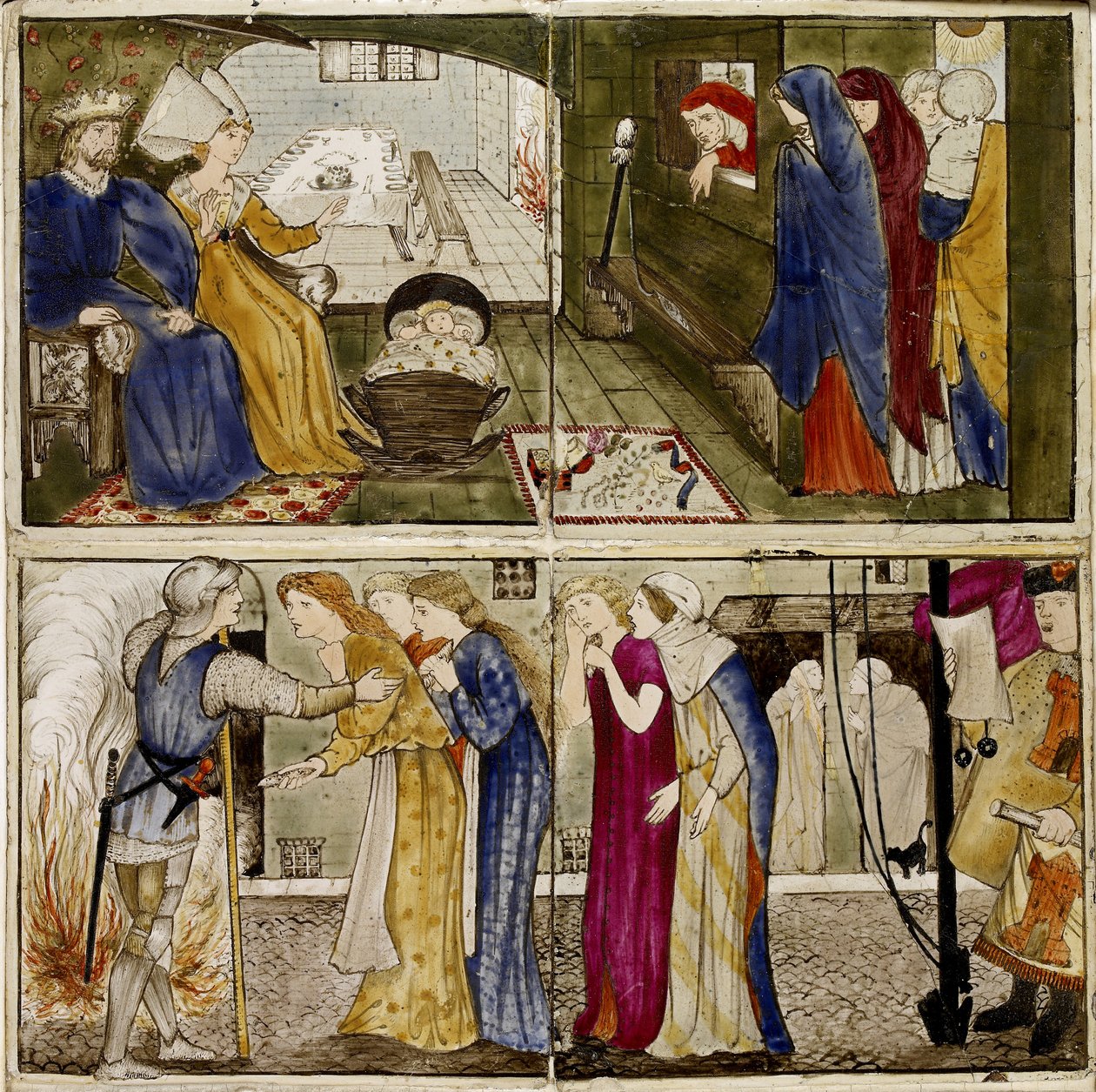 Tizenhat csempéből álló készlet, párokba rendezve a „Briar Rose” (1862-1865) mese nyolc illusztrációjaként (kerámia) alkotó: Edward Burne Jones