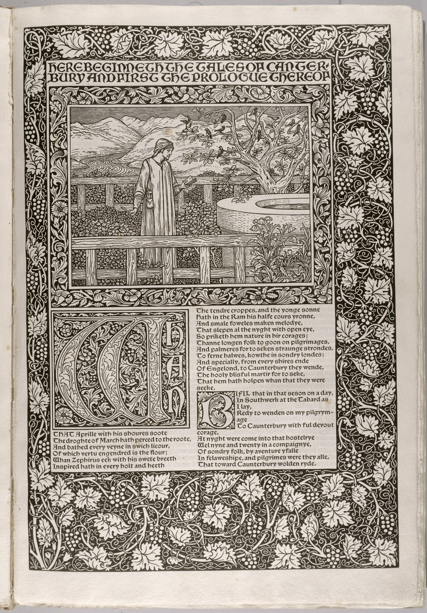 Elülső rész a „Geoffrey Chaucer munkái most újonnan imprintedve”-ből, William Morris (1834-96) metszet, 1896 alkotó: Edward Burne Jones