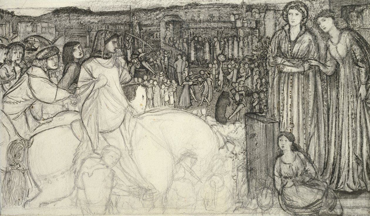 Gualdrada Donati bemutatja a lányát Buondelmentének (toll és fekete tinta grafittal fehér papíron) alkotó: Edward Burne Jones