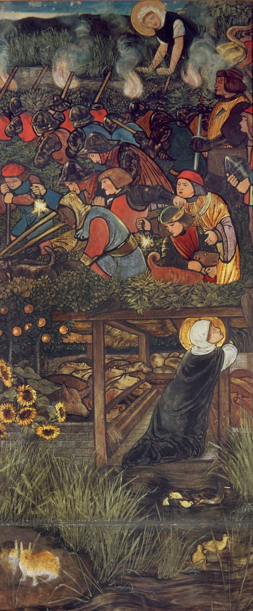The Legend of St. Frideswide, 1859, olajtanulmány egy ólomüveg ablakhoz az oxfordi Christ Church Cathedral latin kápolnájában alkotó: Edward Burne Jones