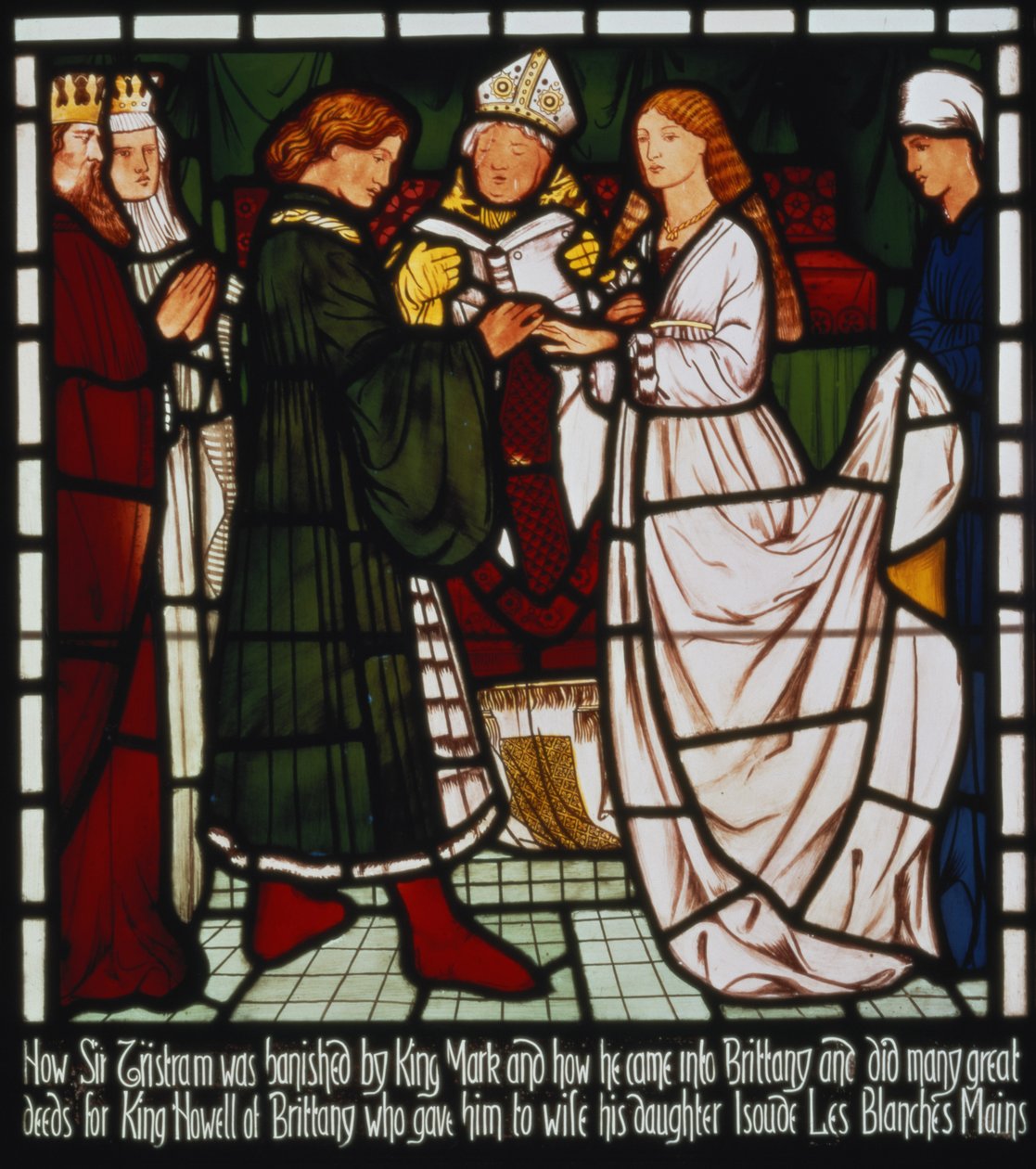 Trisztán és Izolda házassága a fehér kezűek, a bretagne-i uralkodó lánya, a "The Story of Tristan and Isolde", William Morris und Co. (ólomüveg) alkotó: Edward Burne Jones