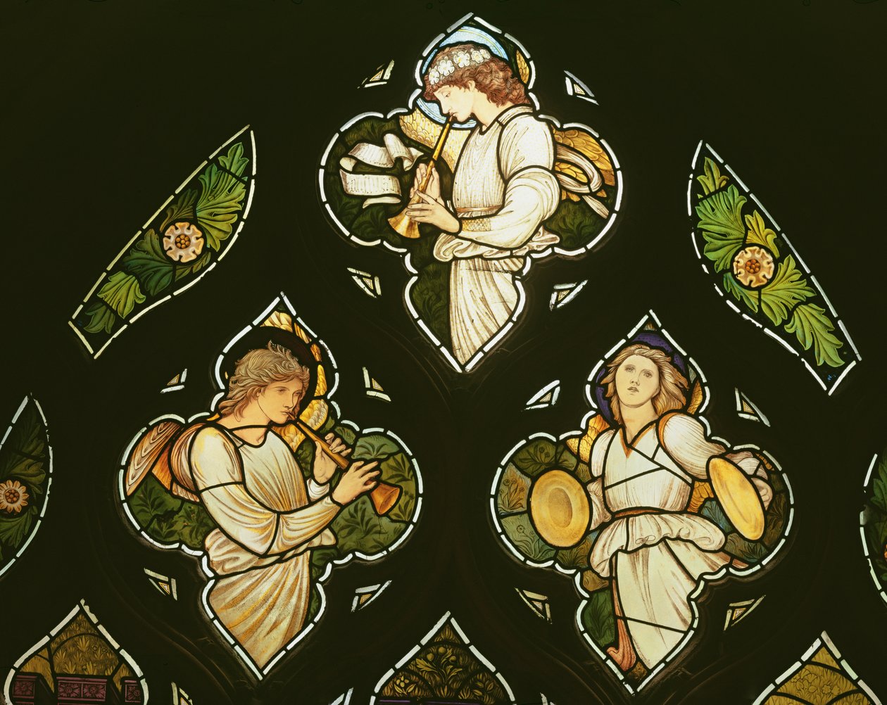 Zenés angyalok, 1870-es évek (ólomüveg) alkotó: Edward Burne Jones