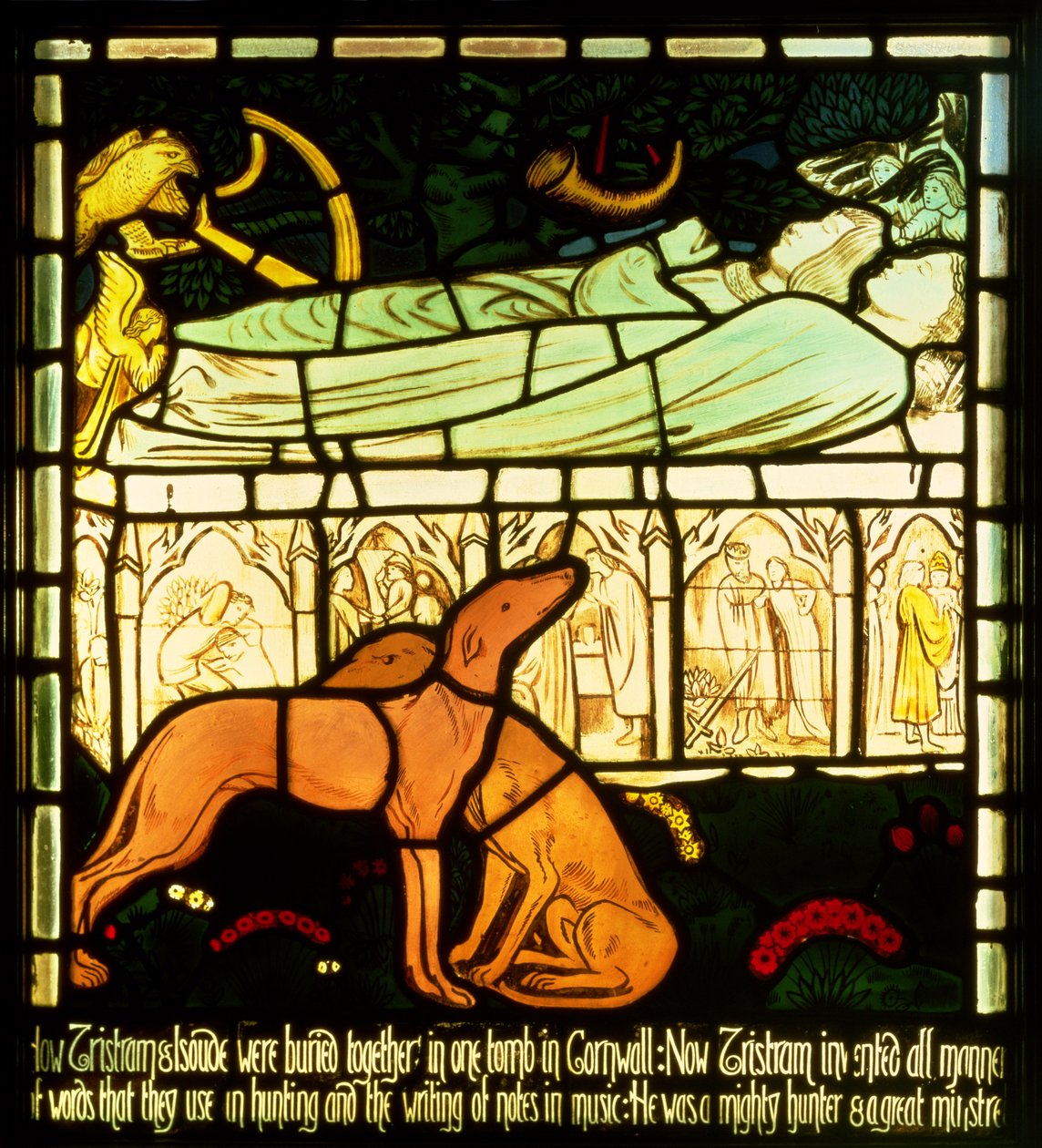 Trisztán és Izolda sírja, a "The Story of Tristan and Isolde", William Morris und Co. (ólomüveg) alkotó: Edward Burne Jones