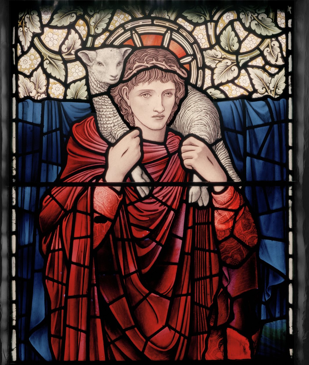 Birmingham, Ward End, St Margaret, Morris & Co., Edward Burne-Jones, John Henry Dearle (1859-1932), The Good Shepherd, részlet, 1902, Brampton Cumbria, Titcomb, Wren alkotó: Edward Coley and Dearle Burne Jones