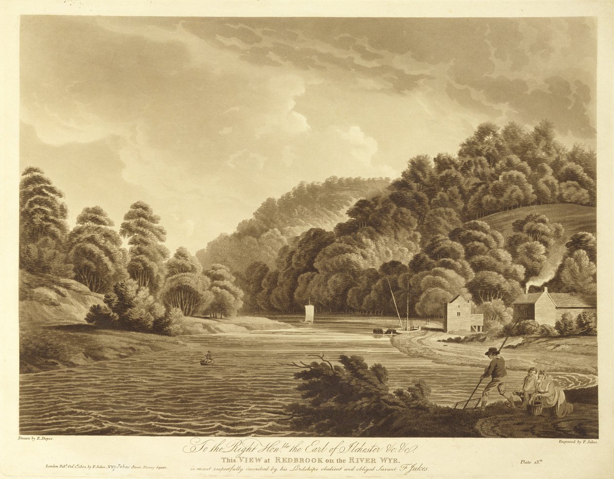 Kilátás Redbrook-nál a Wye folyóban, 13. tábla a „Views of the River Wye”-ből, F. Jukes metszete, 1802 (akvatinta) alkotó: Edward Dayes