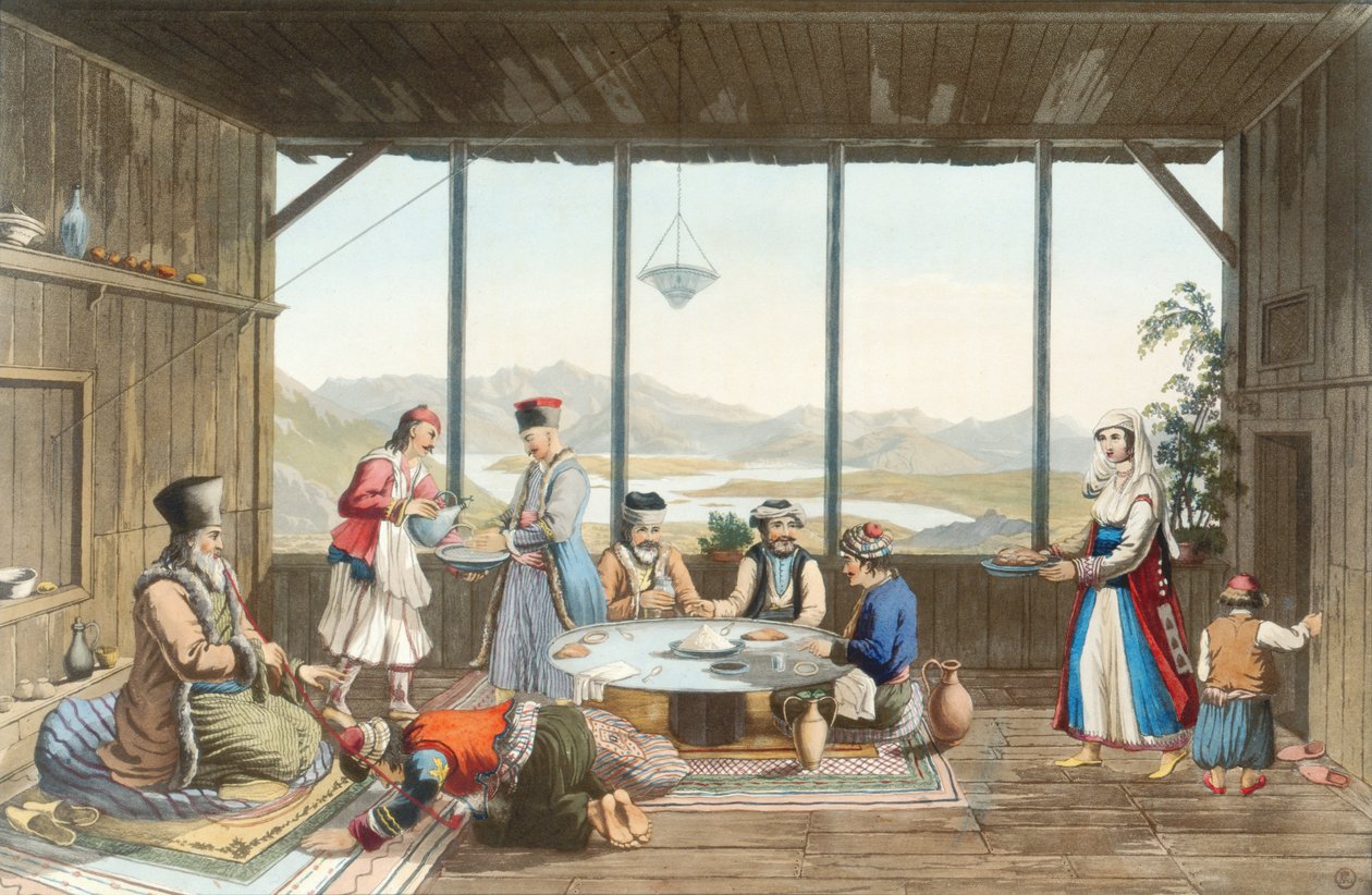 Vacsora Delphiben a festő tiszteletére Chryso falu véne által, a „Nézetek Görögországban” 2. részének 10. táblája, T. Fielding metszetével, pub. 1821 (színes akvatinta) alkotó: Edward Dodwell