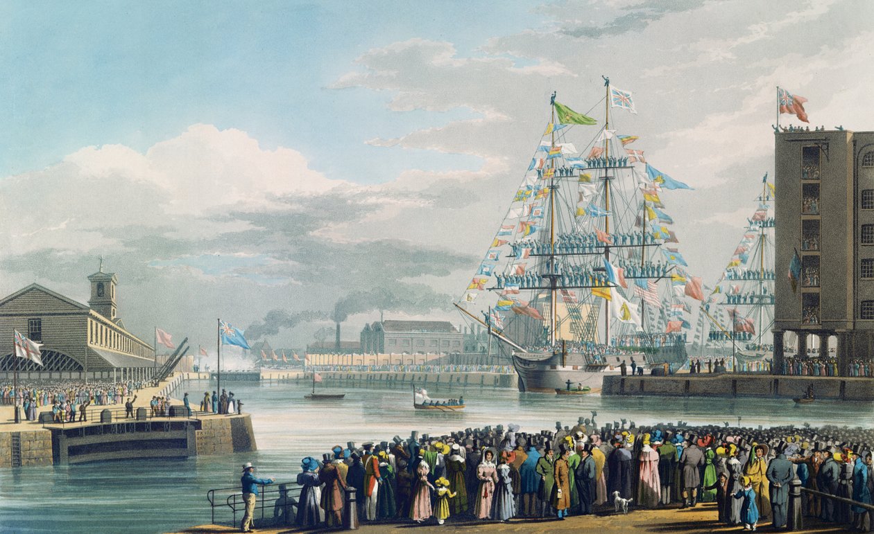 A St. Katharine Docks megnyitása, 1828. október 25. szombat (színes metszet) alkotó: Edward Duncan