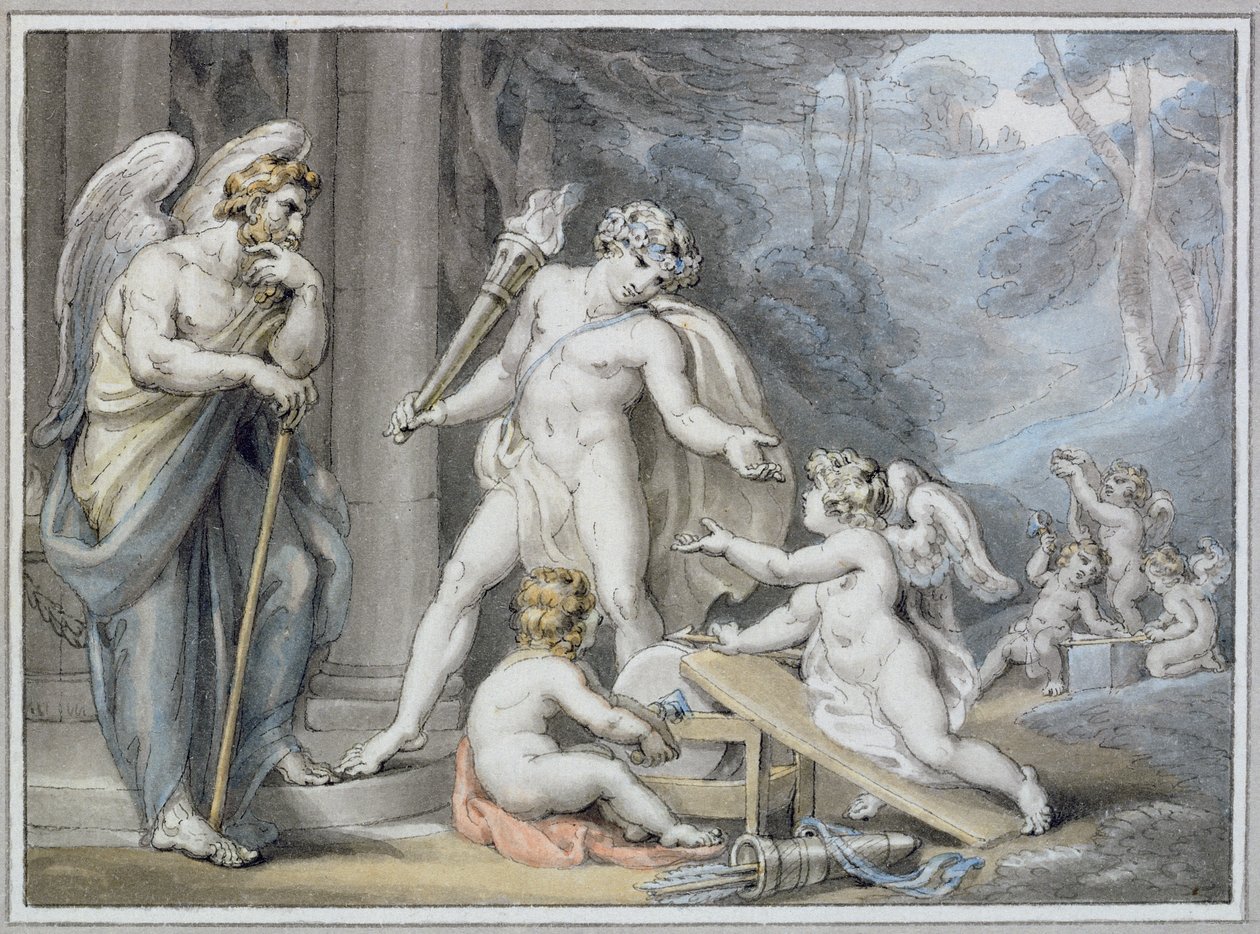 Apolló a Vulkán kovácsművében (toll és tinta mosás papíron) alkotó: Edward Francis Burney