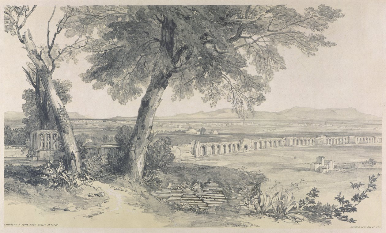 Róma Campagna a Villa Mattei-ből, a Views in Rome and its Environs, 1841, (litho, nehéz szőtt papíron) alkotó: Edward Lear