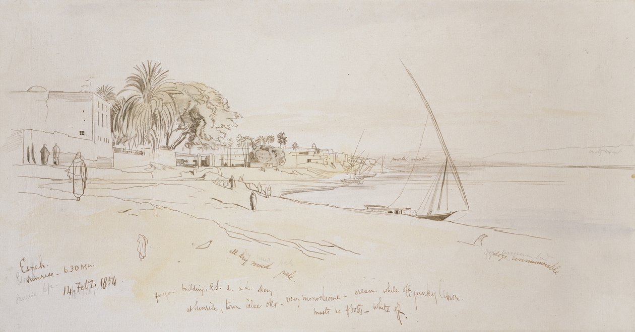 Esneh, Egyiptom, 1854 (toll és barna tinta akvarellel grafit felett, törtfehér papíron) alkotó: Edward Lear