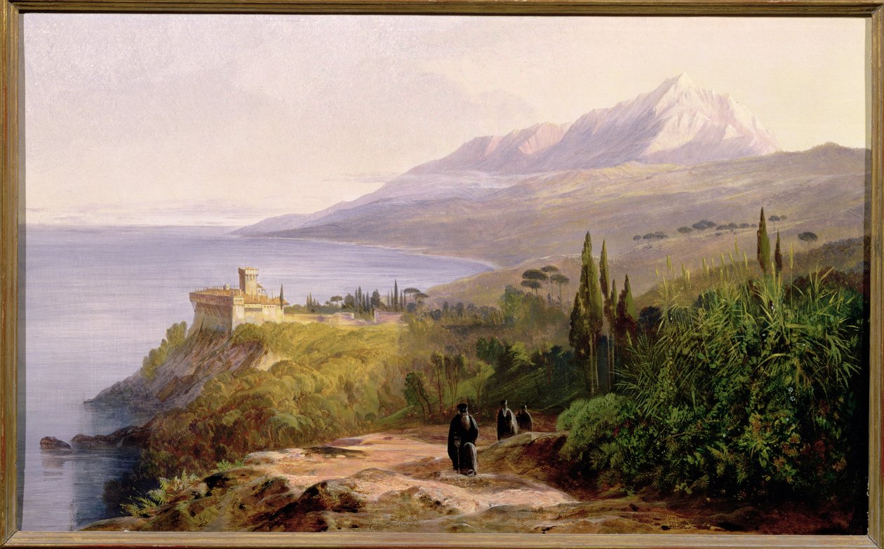 Az Athos-hegy és a sztavroniketeszi kolostor, 1857 alkotó: Edward Lear