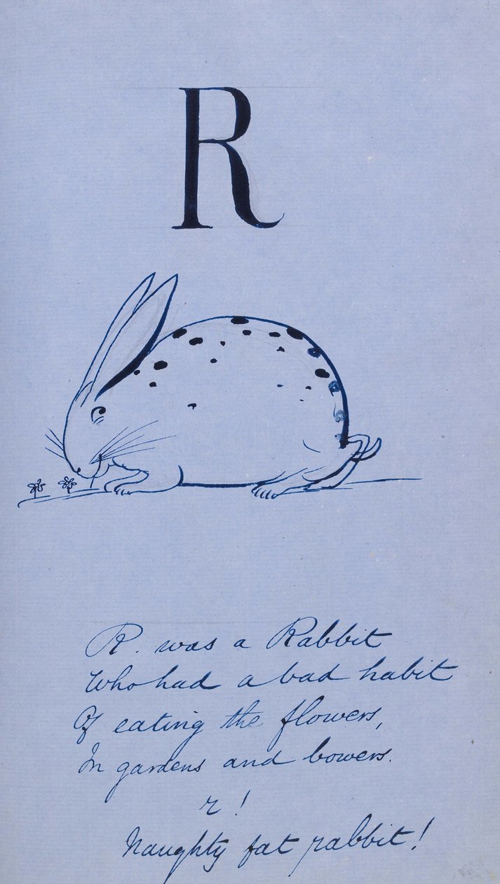 Értelmetlen ábécé - R, 1860 (toll és tinta kék papíron, vászonnal alátámasztva) alkotó: Edward Lear