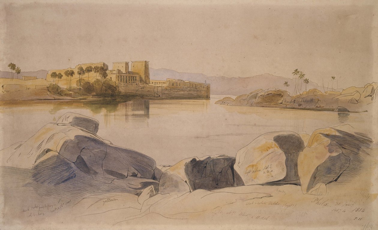 Philae, Egyiptom, 1854 (Toll és fekete tinta, grafit és akvarell barna papíron) alkotó: Edward Lear