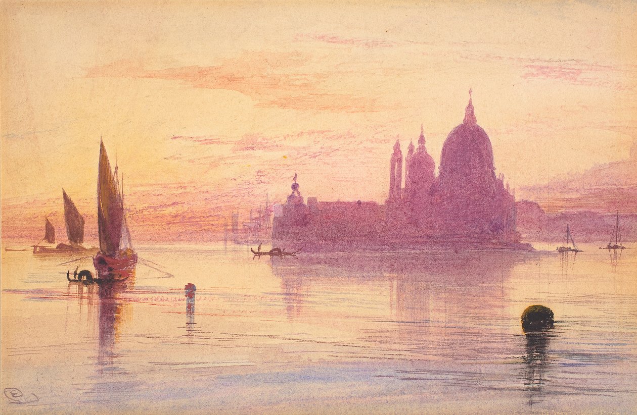 Santa Maria della Salute, Velence, naplementekor, 1865-84 (akvarell és gouache grafiton, szőtt papíron) alkotó: Edward Lear