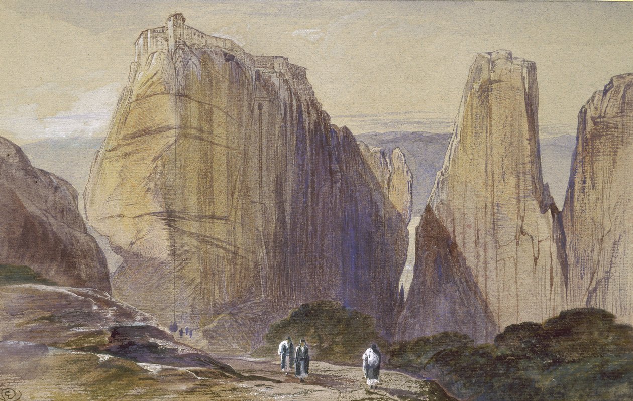 A Meteora kolostor (akvarell és testfesték szürkéskék terített papíron) alkotó: Edward Lear
