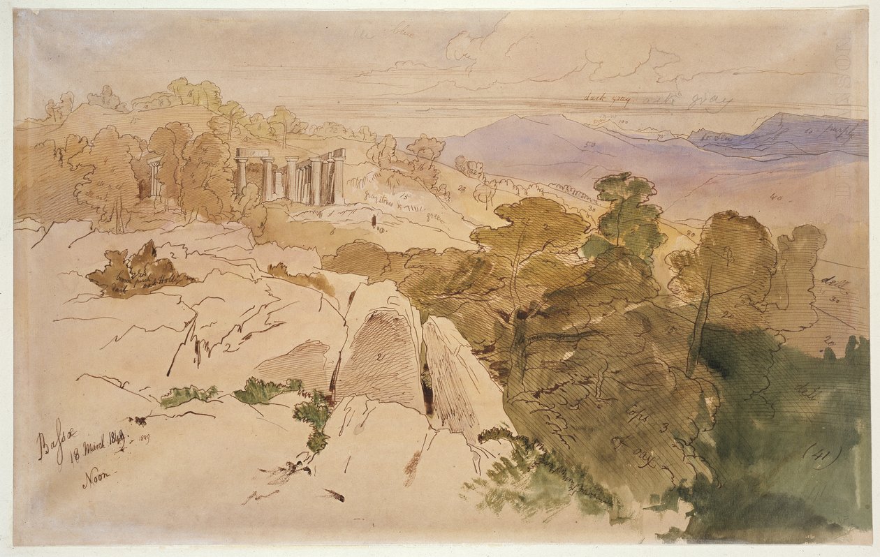 Apollón temploma Bassae-ban, Görögország, 1849 (toll és barna tinta akvarellel és olajfestékkel barna papíron) alkotó: Edward Lear