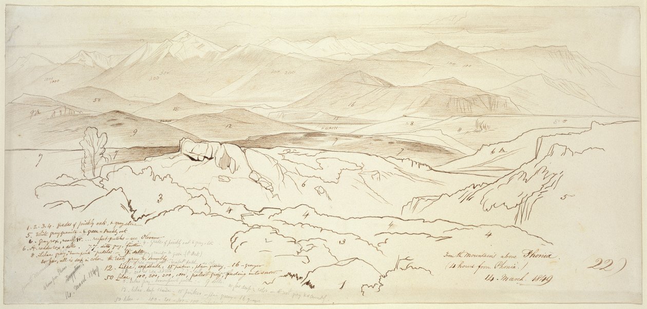 Kilátás a Phonia feletti hegyekből, 1849 (toll és barna tinta grafittal, törtfehér papírra) alkotó: Edward Lear