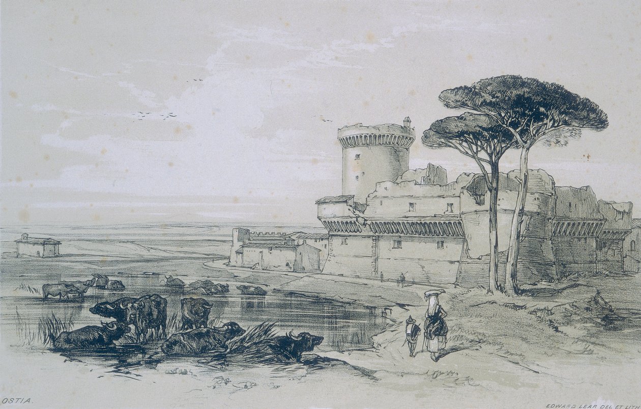 Kilátások Rómában és környékén: Ostia vára a Tiberis torkolatánál. alkotó: Edward Lear