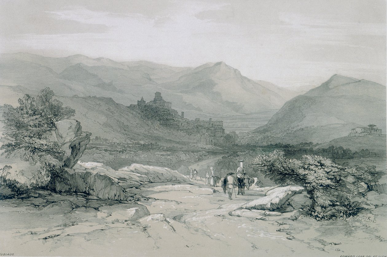 Kilátás Rómában és környékén: Subiaco városa és völgye alkotó: Edward Lear