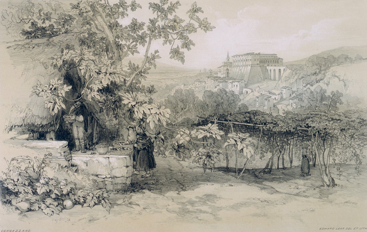 Kilátás Rómára és környékére: Genazzano kilátása a várossal és Colonna palotájával alkotó: Edward Lear