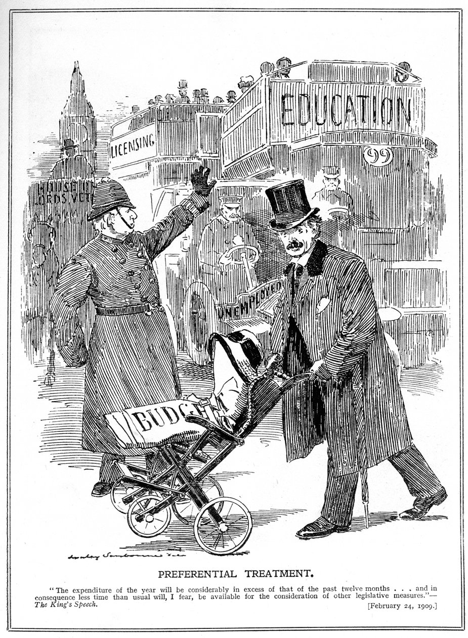 LLoyd George kiemelt bánásmódban részesíti „kisbabáját”, az 1909-es költségvetést alkotó: Edward Linley Sambourne