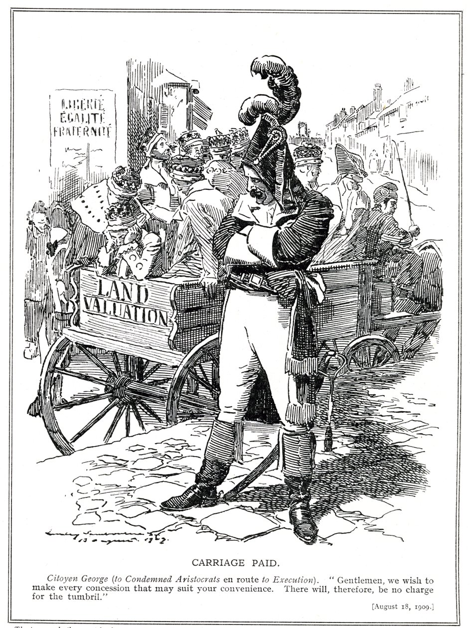 Lloyd George, mint „Citoyen George” megnyugtatja azokat az arisztokratákat, akiket „Népi költségvetése” arra ítélt, hogy adót fizessenek a földeladásokból származó nyereség után, 1909 alkotó: Edward Linley Sambourne
