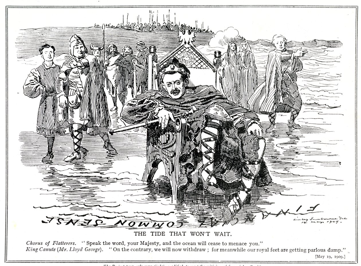 Lloyd George, mint „Kanute király” úgy dönt, hogy módosítja költségvetési javaslatait a pénzügyi hatóságok bírálata után, 1909 alkotó: Edward Linley Sambourne