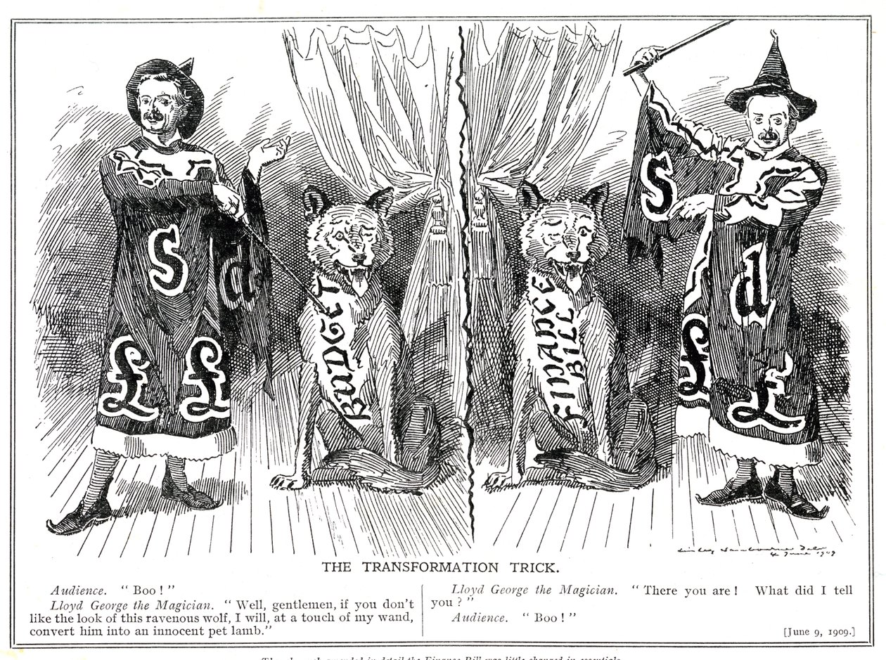Lloyd George, a „mágus” varázslatos átalakulást hajt végre az 1909-es „Népi költségvetés” költségvetési javaslataiban alkotó: Edward Linley Sambourne