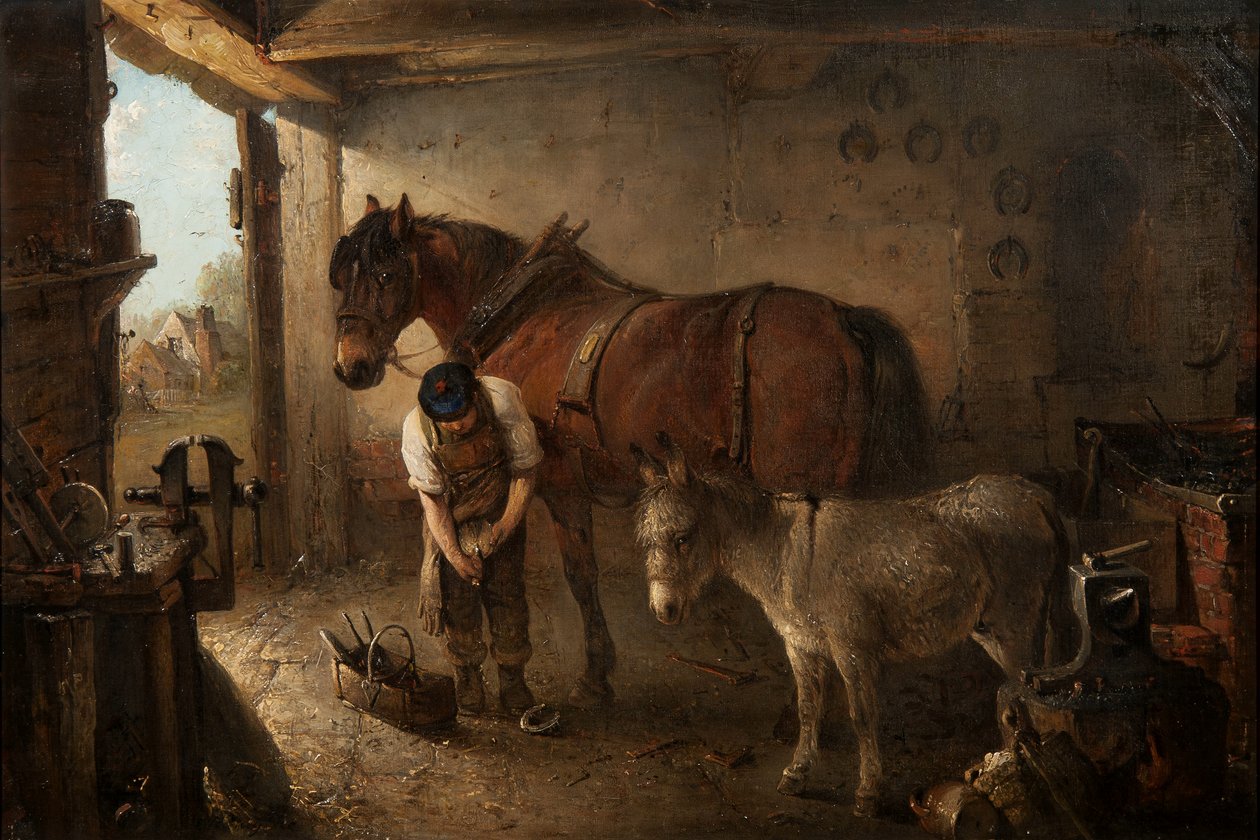 Egy farmer cipő eke lovat, szamárral, kovács belsejében. alkotó: Edward Robert Smythe