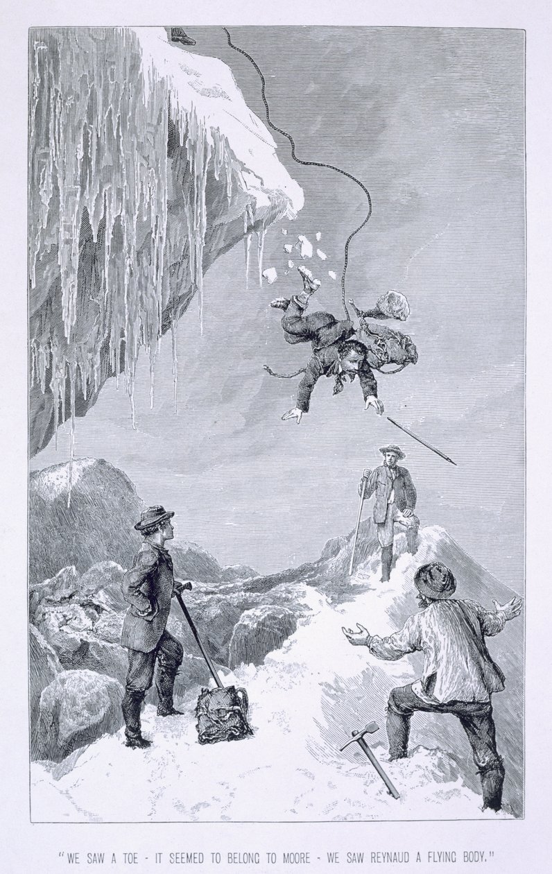„Láttunk egy lábujjat – úgy tűnt, hogy Moore-hoz tartozik – Reynaud-t láttunk egy repülő testet” Edward Whymper „The Ascent of the Matterhorn” című művéből, az 1860-as és 80-as években. alkotó: Edward Whymper
