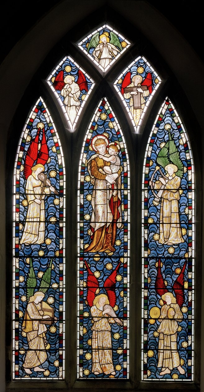 Tilehurst, St Michael, Morris Marshall & Faulkner & Co, William Morris, Edward Burne-Jones, Madonna & Child, Musical Angels, 1869 alkotó: Edward and Morris Burne Jones