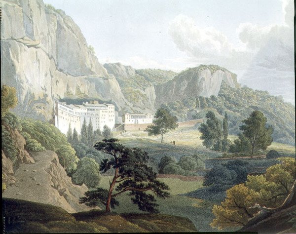 Megaspelia kolostor, 8. tábla a „Nézetek Görögországban” 2. részéből, metszett Robert Havell alkotó: Edward (after) Dodwell