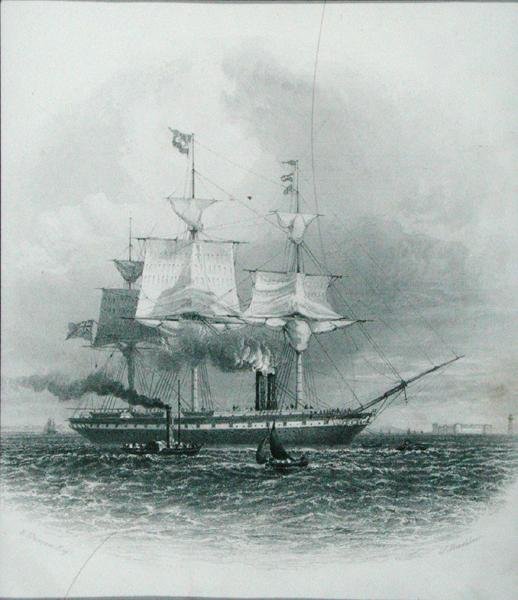 Liverpool – „A Nagy-Britannia” elhagyja a kikötőt 1853-ban, a „Cyclopaedia of Useful Arts & Manufactures”-ból, szerkesztette Charles Tomlinson, metszett J. Bradshaw, 1880-as évek körül (metszet) alkotó: Edward (after) Duncan