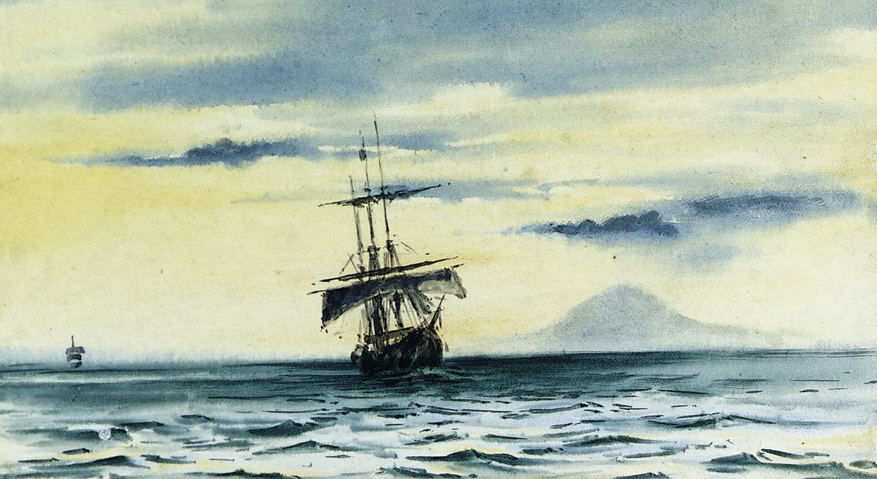 A Mount Discovery utolsó látnivalója: SS. „Reggel” és „Terra Nova” a McMurdo-szoros „Felfedezése” után, 1904. február 19. 04. éjfél alkotó: Edward Adrian Wilson