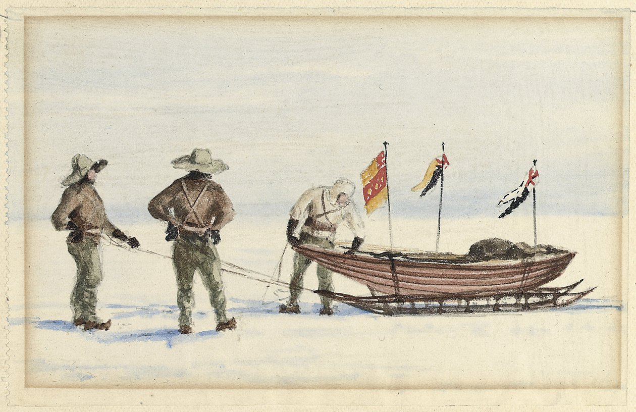 A szánkóparti Fehér-szigetre, 1902. február: Shackleton, Wilson és Ferrar útra készülnek, 1902 alkotó: Edward Adrian Wilson