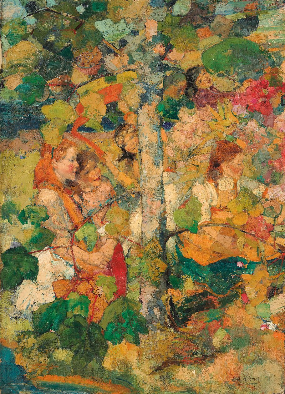 Gyermekek táncolnak egy fa körül alkotó: Edward Atkinson Hornel
