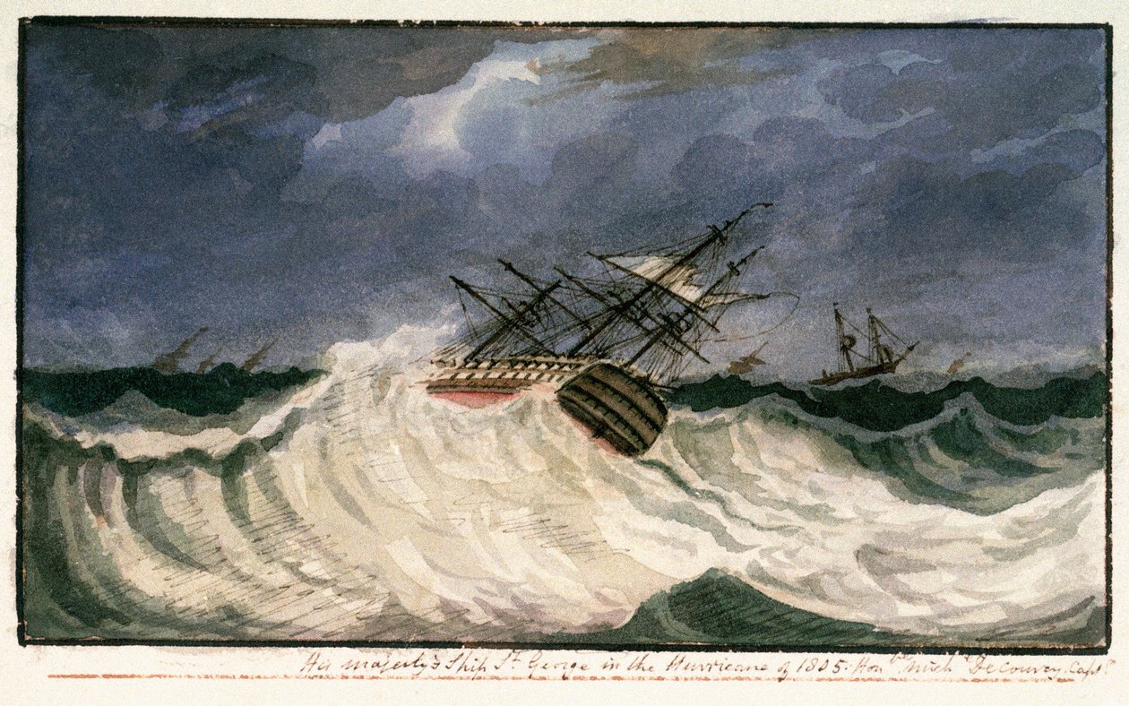 HMS "Szent György" az 1805-ös hurrikánban, 1805 körül (akvarell) alkotó: Edward Bamfylde Eagles