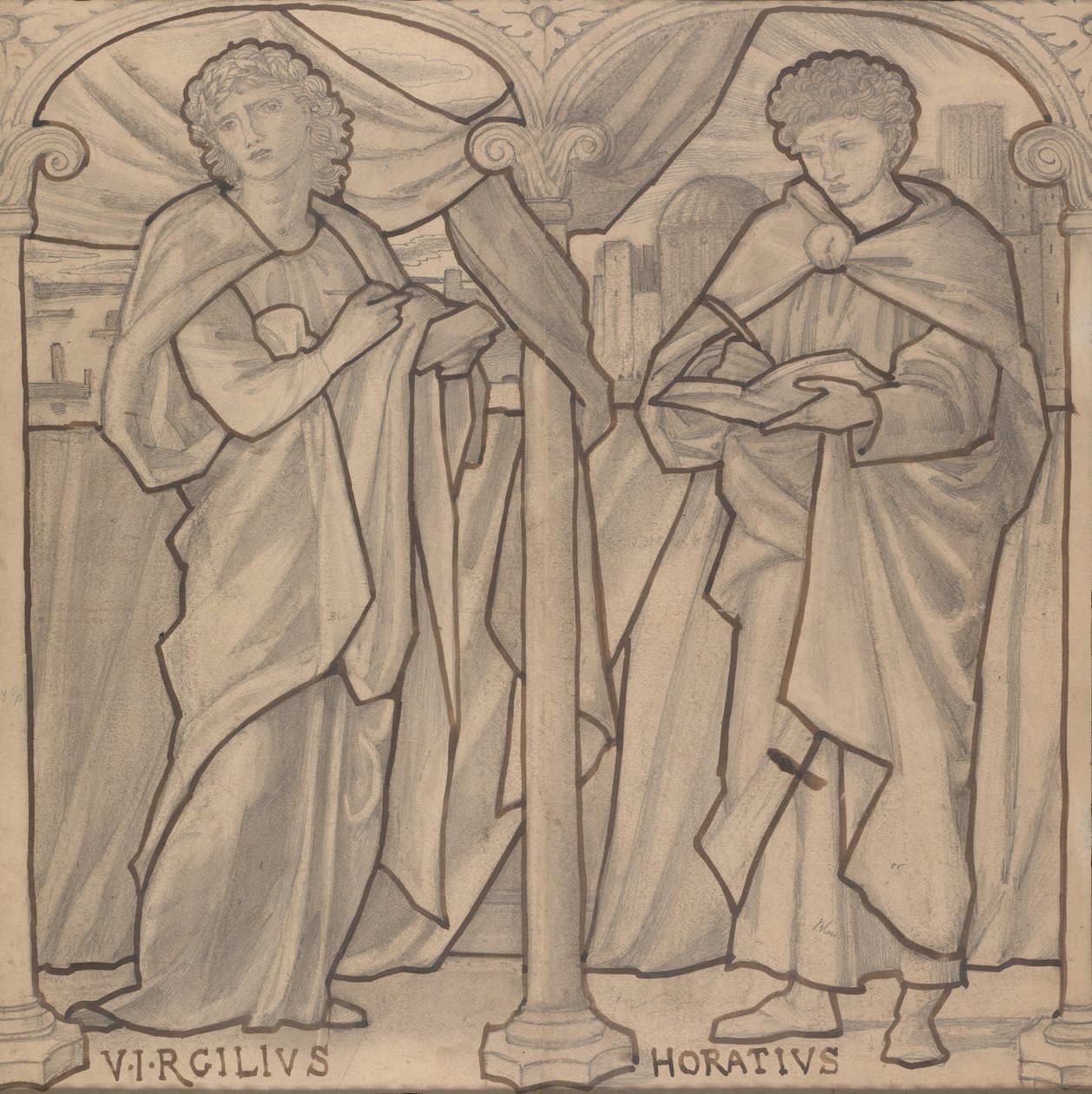 Ólomüveg ablak előkészítő terve, Vergilius és Horatius alkotó: Edward Burne-Jones