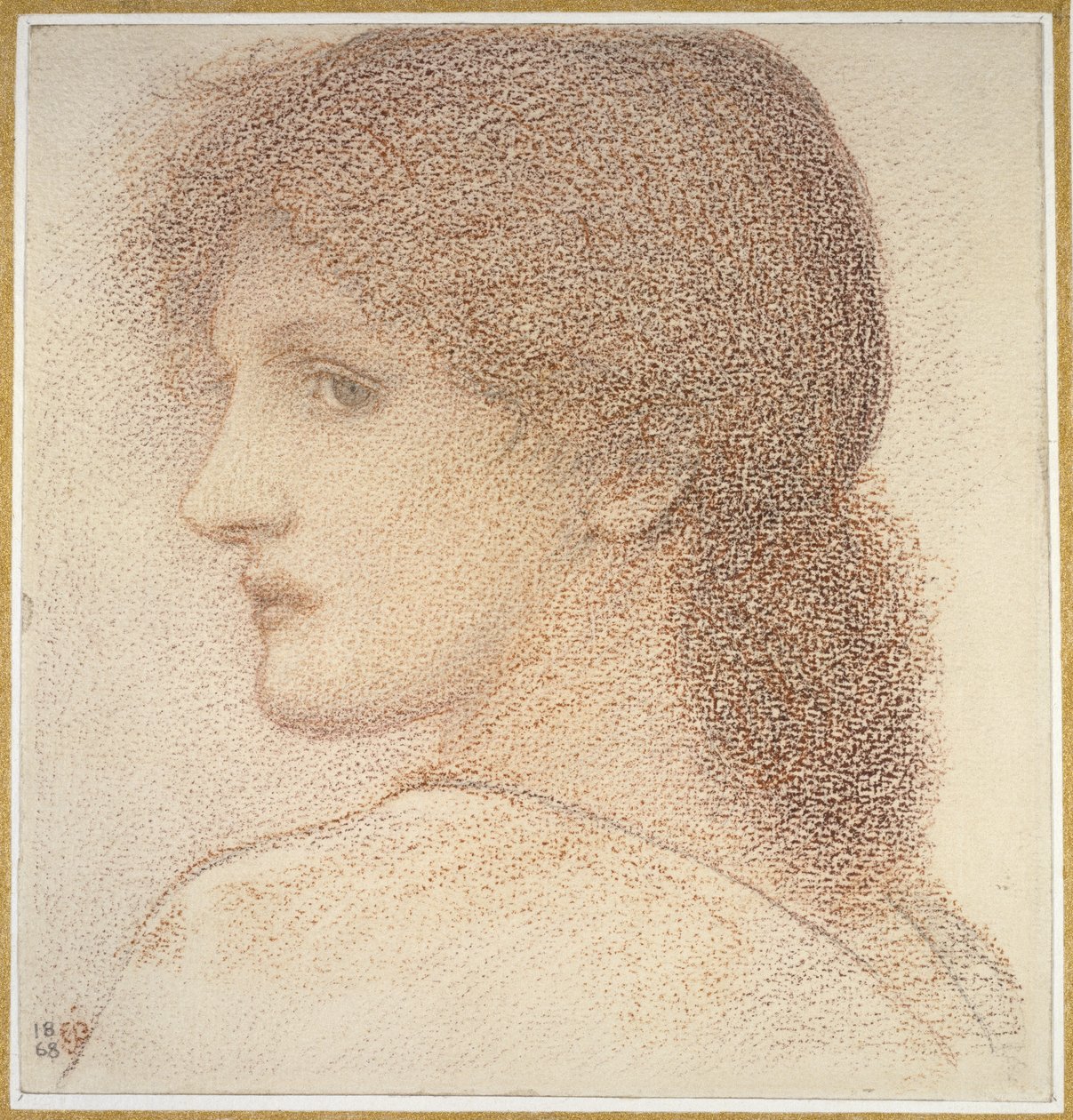 Tanulmány egy balra fordított női fejről, 1868 (vörös kréta, papír) alkotó: Edward Burne Jones