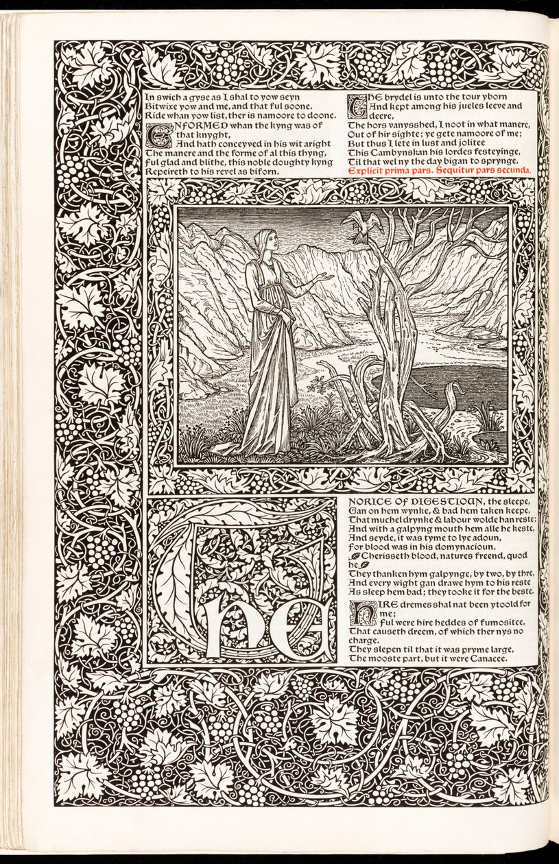 Geoffrey Chaucer „Geoffrey Chaucer munkái most új impresszummal”, a Kelmscott Press kiadó 1896-ban (fametszet) alkotó: Edward Burne Jones