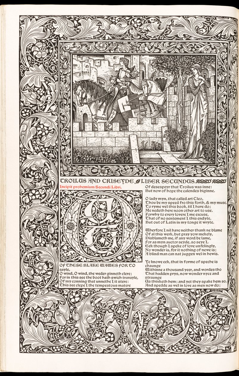 Geoffrey Chaucer „Geoffrey Chaucer munkái most új impresszummal”, a Kelmscott Press kiadó 1896-ban (fametszet) alkotó: Edward Burne Jones