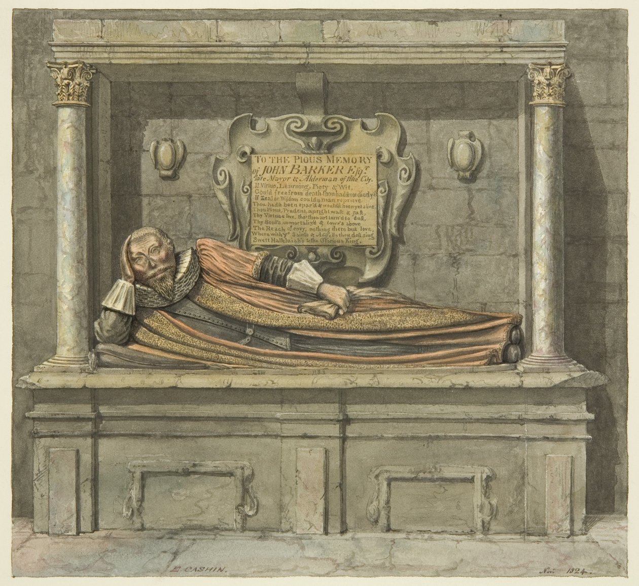 Alderman Barker emlékműve a St Werburgh-templomban (ceruza és akvarell papíron) alkotó: Edward Cashin