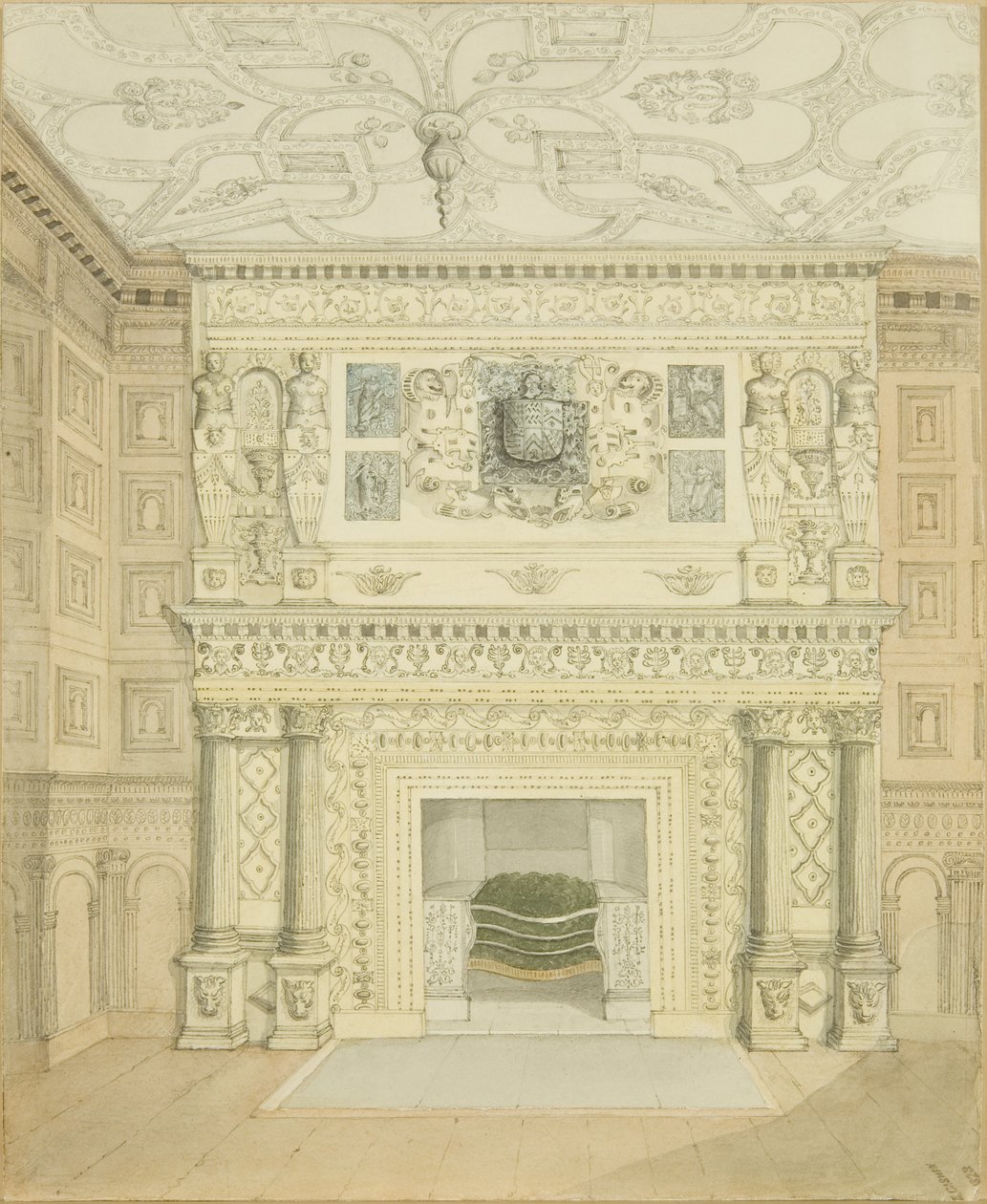 Kéménydarab, Great Oak Room, Red Lodge (ceruza és akvarell papíron) alkotó: Edward Cashin