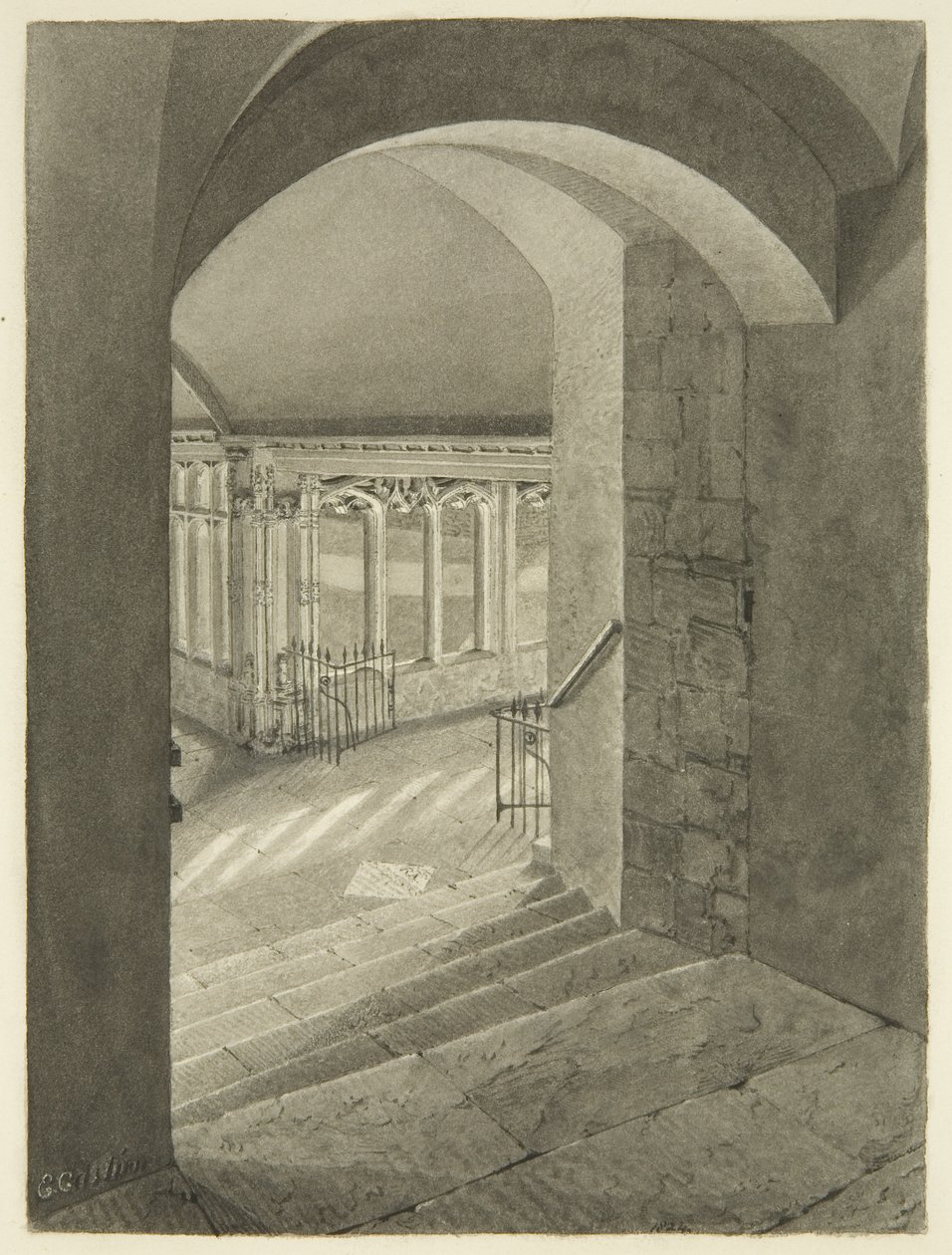 A Cloisters bejárata a bristoli katedrálisból Edward Bird sírjával (ceruza és akvarell papíron) alkotó: Edward Cashin