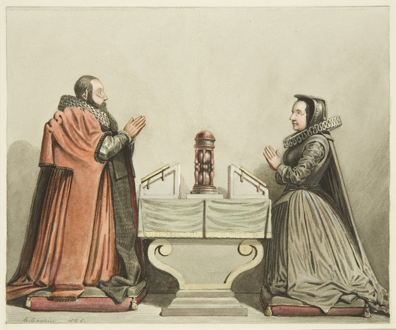 Robert Aldworth és felesége figurái a Szent Péter templomban (ceruza és akvarell papíron) alkotó: Edward Cashin
