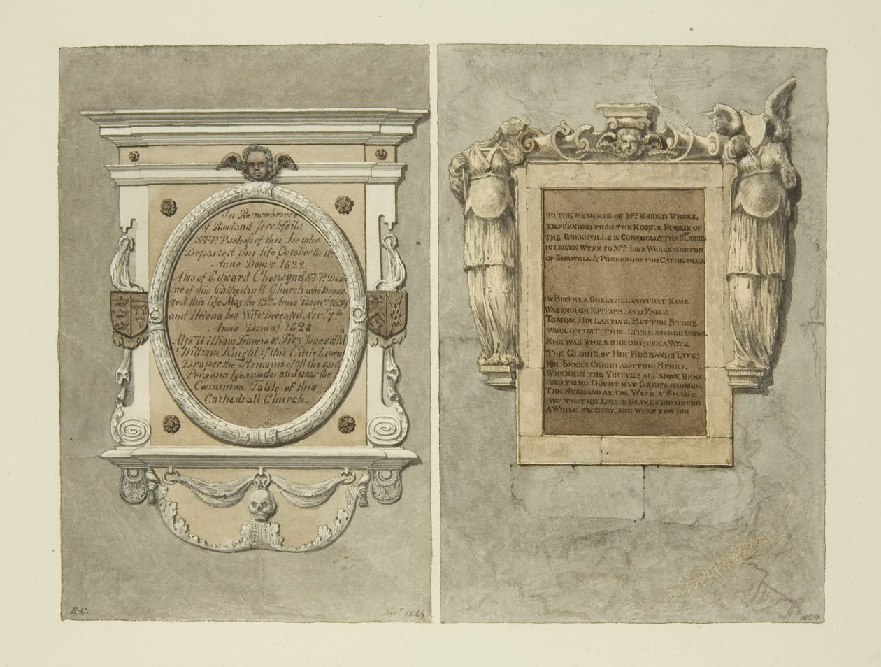 Searchfield püspök, Chetwynd dékán és Mrs. Weeks emlékművei a bristoli katedrálisban (ceruza és akvarell papíron) alkotó: Edward Cashin