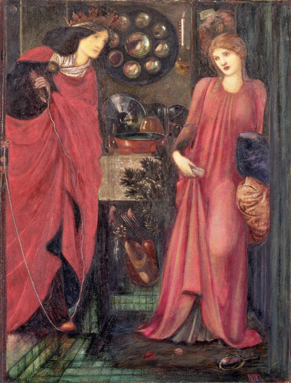 Szép Rosamund és Eleanor királynő (vegyes média papíron) alkotó: Edward Burne Jones