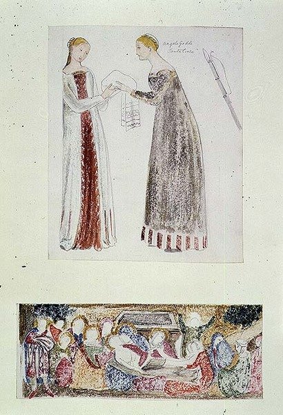 No.1084-f.10 (TtoB) Két szobalány, Giovanni da Milano Mária születése című művének másolata a firenzei Rinuccini-kápolnából; Siralom (akvarell, ceruza) alkotó: Edward Coley Burne Jones