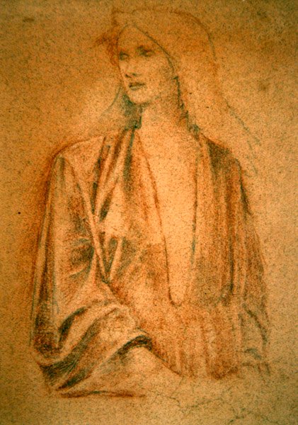 Lányportré - Tanulmány az Arthur in Avalonhoz, 1890 körül (vörös kréta és ceruza, vörös papír) alkotó: Edward Coley Burne Jones