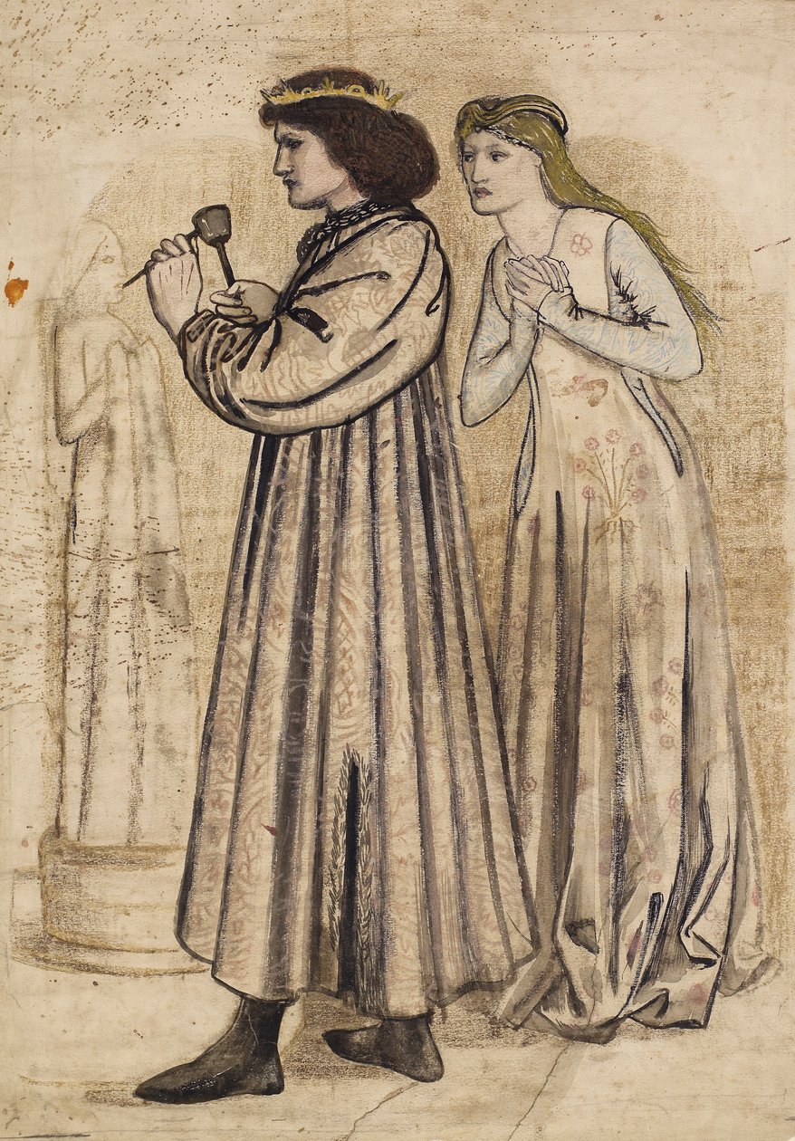 Scene of King Rene sculpting a figure while being watched by his new bride (pen & india ink with wash and pencil on paper) alkotó: Edward Coley Burne Jones